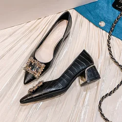 Plus Size Shoes for Women Chunky Heels Pumps New Girl Pointed Toe High Heels Shoes Rhinestone Dress Shoes
