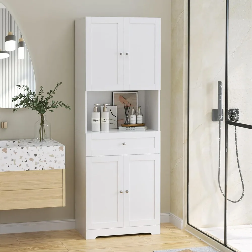 Tall Bathroom Storage Cabinets, Modern Linen Storage Cabinet with 4 Doors & Shelves & Drawer, 67 H Tall Storage Cabinet Freest