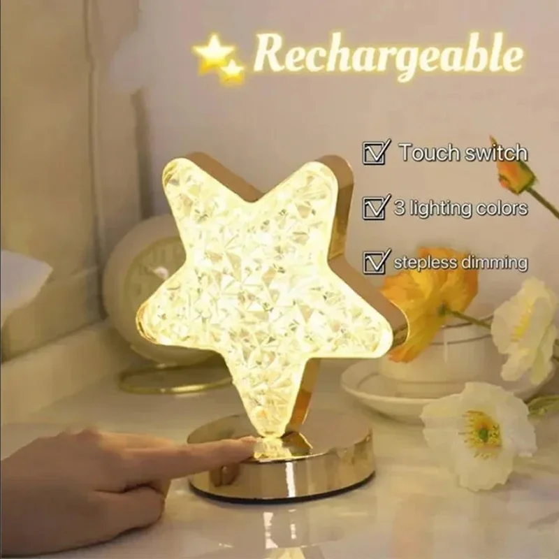 LED Crystal Lamp Star Moon Small Night Light 3 Colors Table Touch Stepless Dimming USB Rechargeable Bedroom Decor Lantern