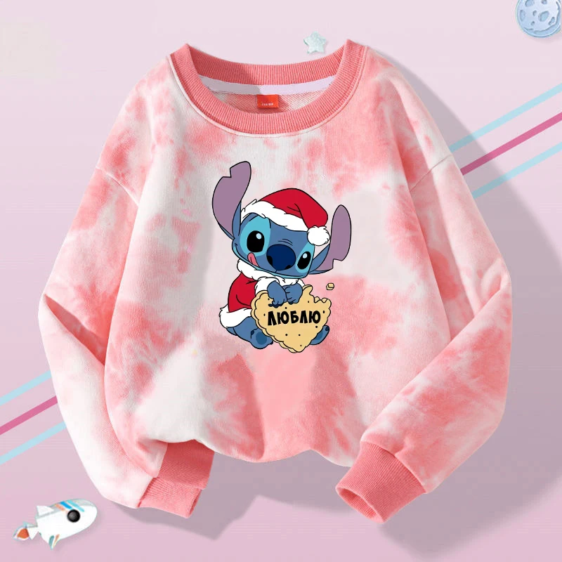 Disney Stitch Kids Crew Neck Sweatshirt Anime Cartoon Christmas Print Long Sleeve Pullover Boy Girl Winter Casual Warm Top Gifts