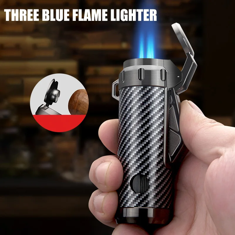 HONEST Three Blue Flame Cigar Lighter Side Press Ignition Automatic Opening Bottom 8.5MM Cigar Drill Design Visual Gas Window