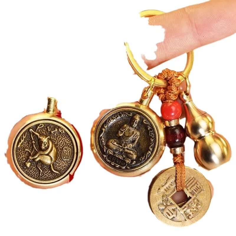 2PCset brass keychain Eight patron saints turn around Twelve zodiac signs Benming Buddha car keychain Lucky pendant