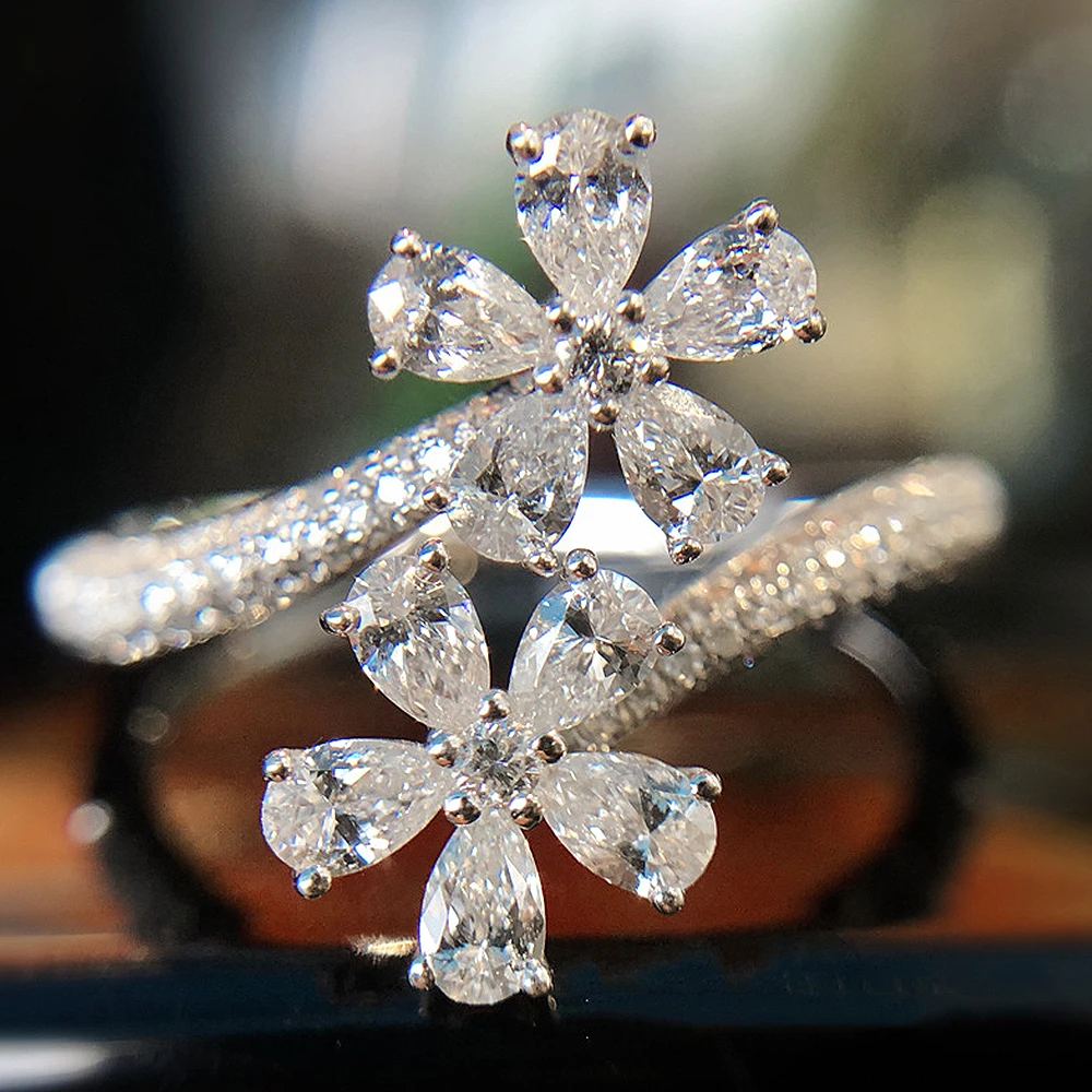 

Huitan Aesthetic Double Flowers Opening Rings for Women Adjustable Bridal Wedding Party Accessories with CZ Stone Luxury Jewelry