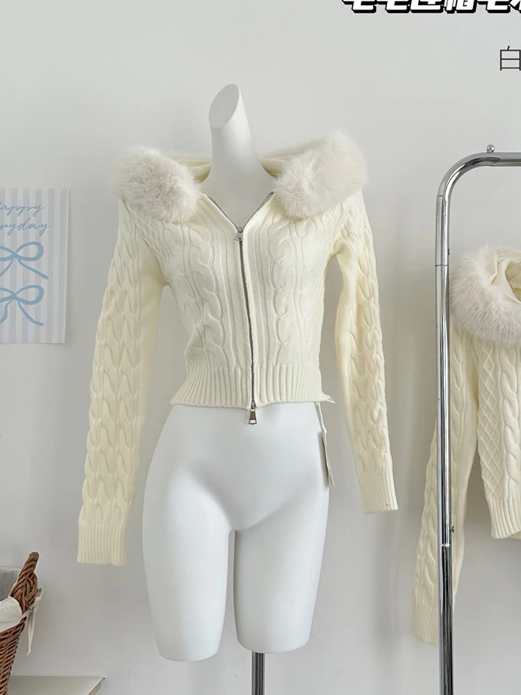 Winter Women Long Sleeve Full Zip Crop Sweater Hoodies Faux Fur Knitwear 2000s Aesthetic Korean Fashion Slim Shoujo Solid Color