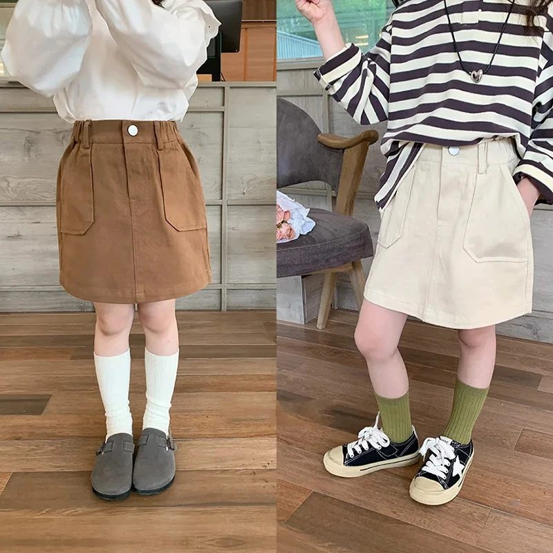 Baby Girls Skirt Autumn Children\'s Solid Versatile Half Skirt Girl Twill Cotton Pocket Work Dress Casual Versatile Short Skirt