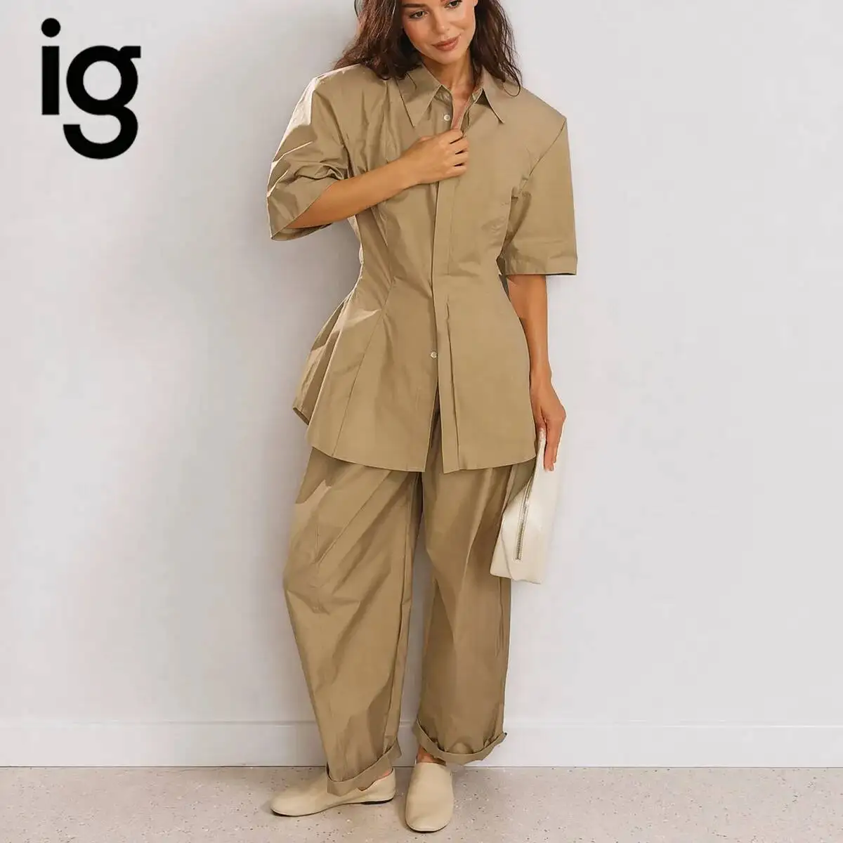 IG 2026 Women's Two Piece Separates Set, Collared Short Sleeve Button Front Waist Cinched Shirt & High Waist Cuffed