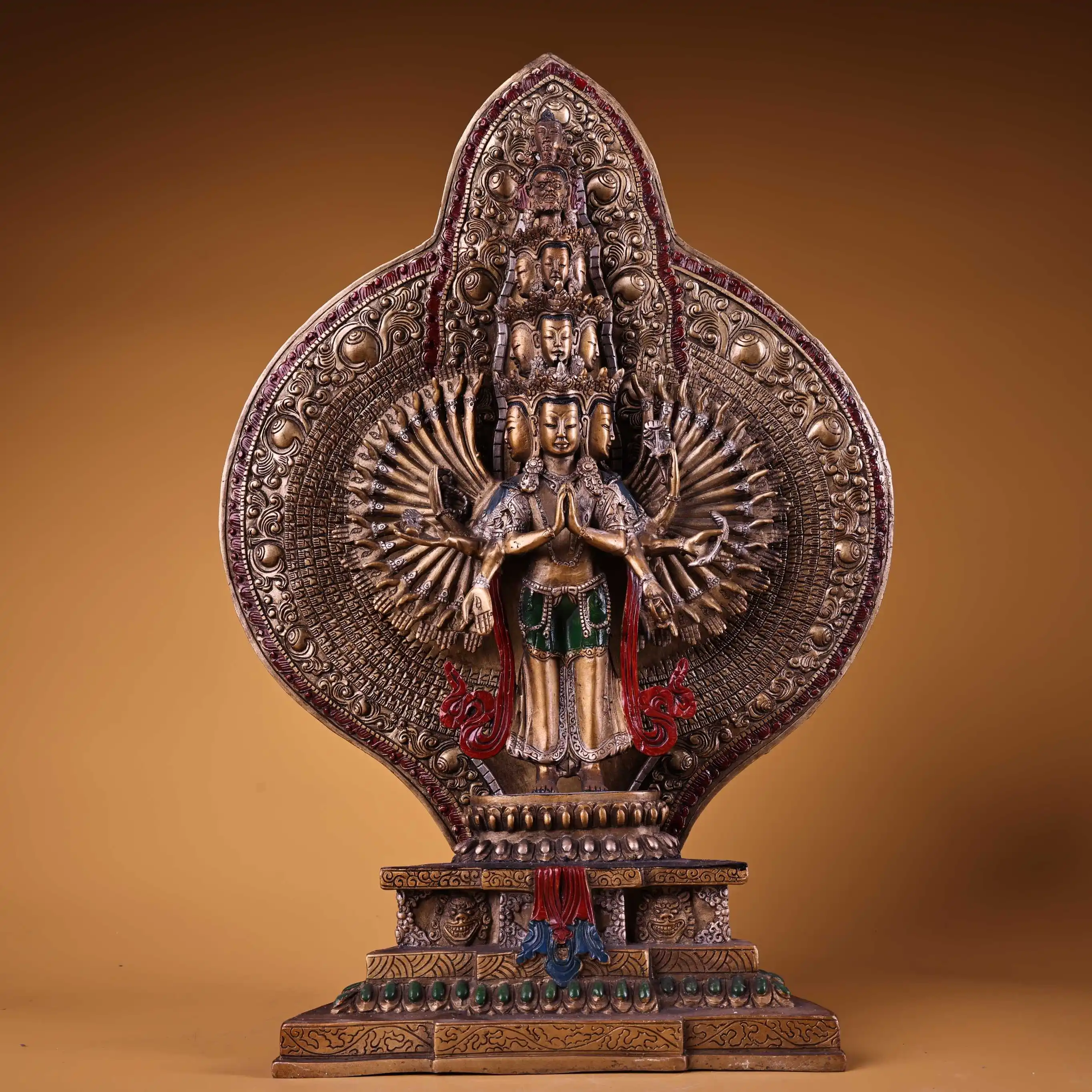 

18"Tibetan Temple Collection Old Bronze Gilded Painted High Relief 1000 arm Guanyin standing Buddha Backlight Worship Hall
