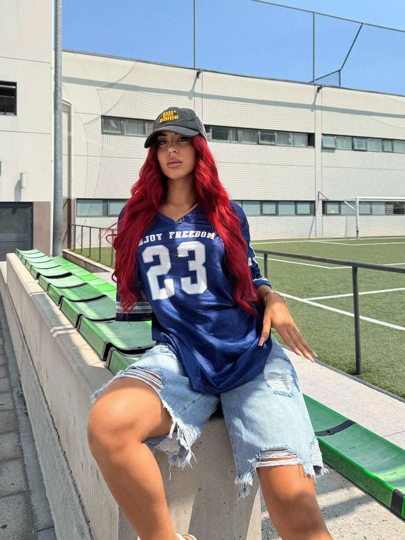 

Bearsaez Women's Summer Drop Shoulder Oversized V-Neck Football Jersey T-Shirt With Letter Print,Couple Same Style