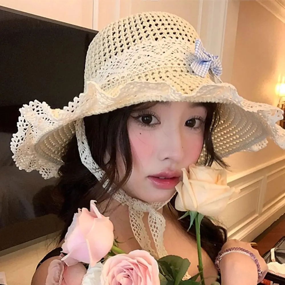 

Fashion Elegant Big Bowknot Sun Hat Breathable Sweet Woman's Straw Hat Hollow Weaving Anti UV Lace Brim Sunshade Cap Travel