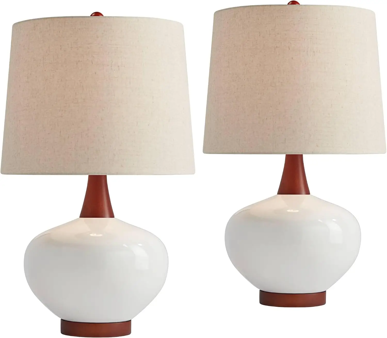 Pair Ceramic Table Lamps Tall Wood Ivory