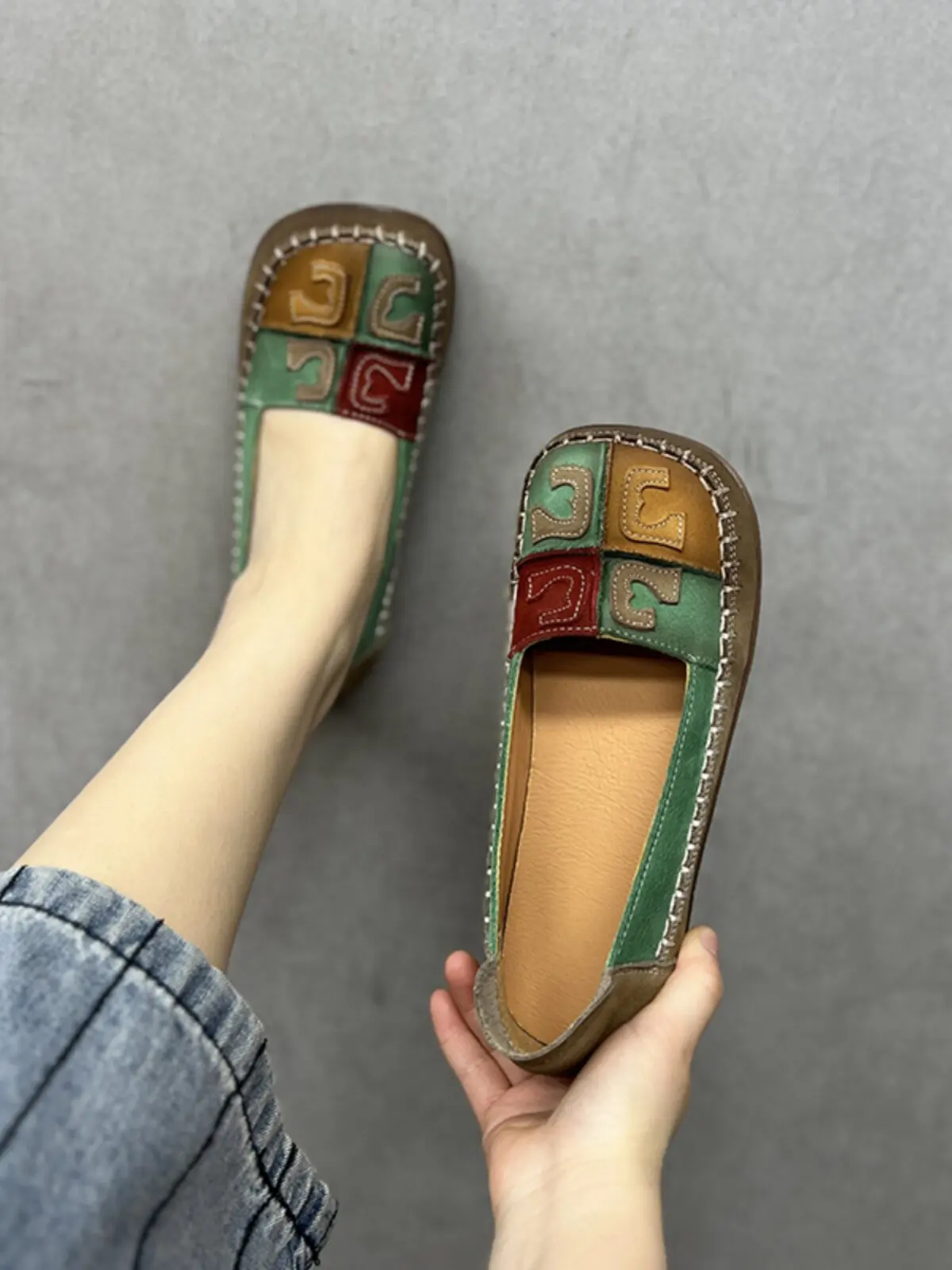 

Birkuir Mixed Colors Loafers Slip On Shoes For Women Sewn Genuine Leather Flats Shoes Luxury Soft Soles Luxury Square Toe Shoes