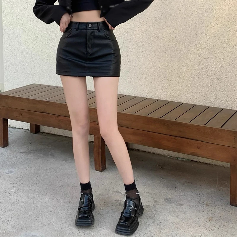 PU Leather Short Skirt Women Vintage Streetwear Female Black Sexy Split Slim High Waisted A-line Mini Skirts