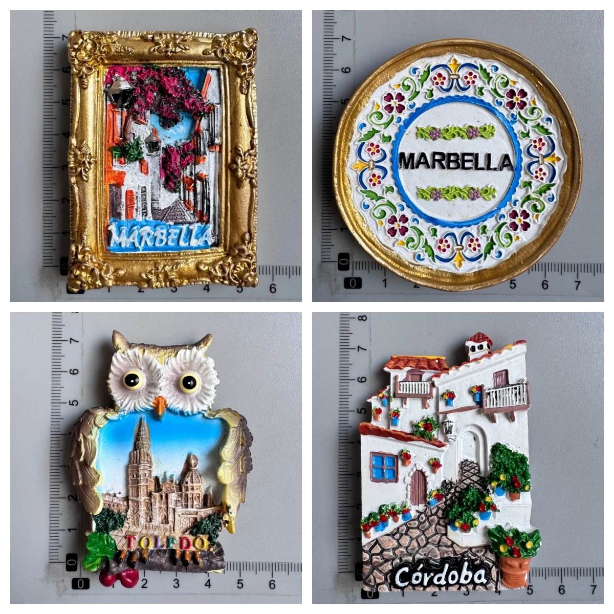 Imán de nevera con diseño de búho y lugares emblemáticos de ciudades costeras de España: Toledo, Marbella, Benidorm, Córdoba. Recuerdo de viaje y decoración.