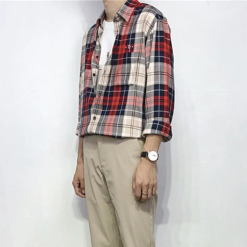 

Cus Dyed Autumn Wide Fit Long Sve Anti Wrinkle Plaid irt Loose Sle Large Size Lazy Pattern Drapey Cotton irt