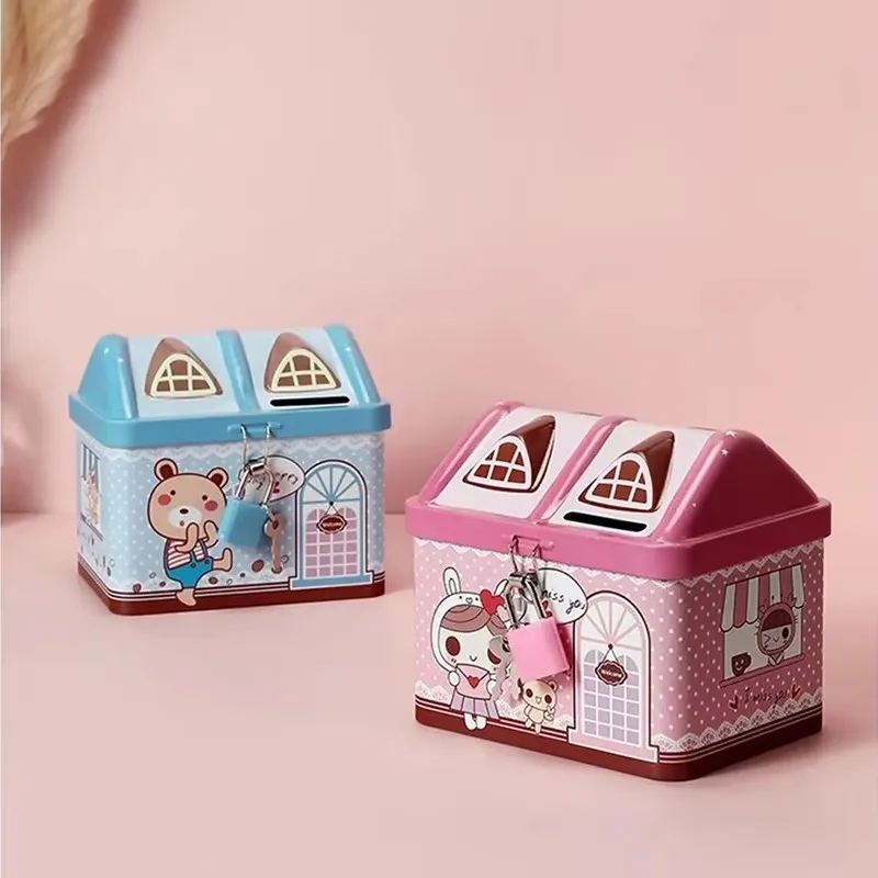 

1Pc Cute Bear House Piggy Bank Box Mini Metal Bank Currency Coin Boxes for Children's Savings Tank Birthday and Christmas Gifts