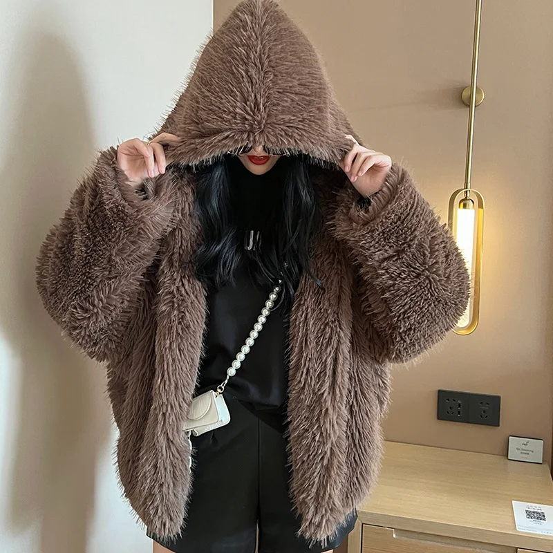 Fashion Hooded Fur Top Elegant Extravagance Furry Coat Lady Temperament Warm Faux Fur Top Women