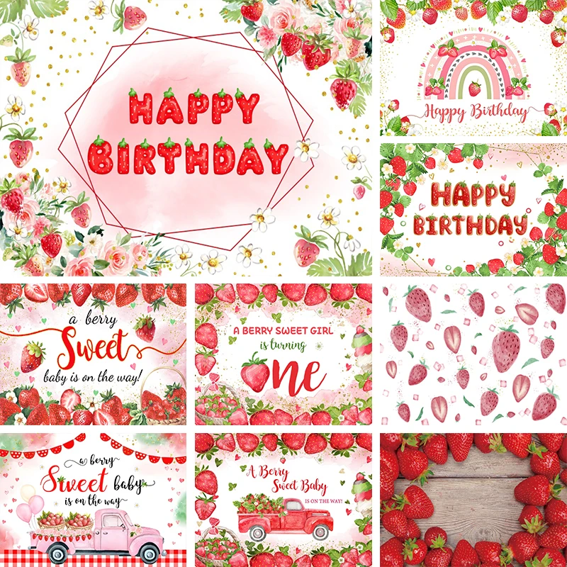 

Backdrop Strawberry Birthday Decoration One Year Old Baby Girl Sweet Fruit Party Baby Shower Photo Background for Photography