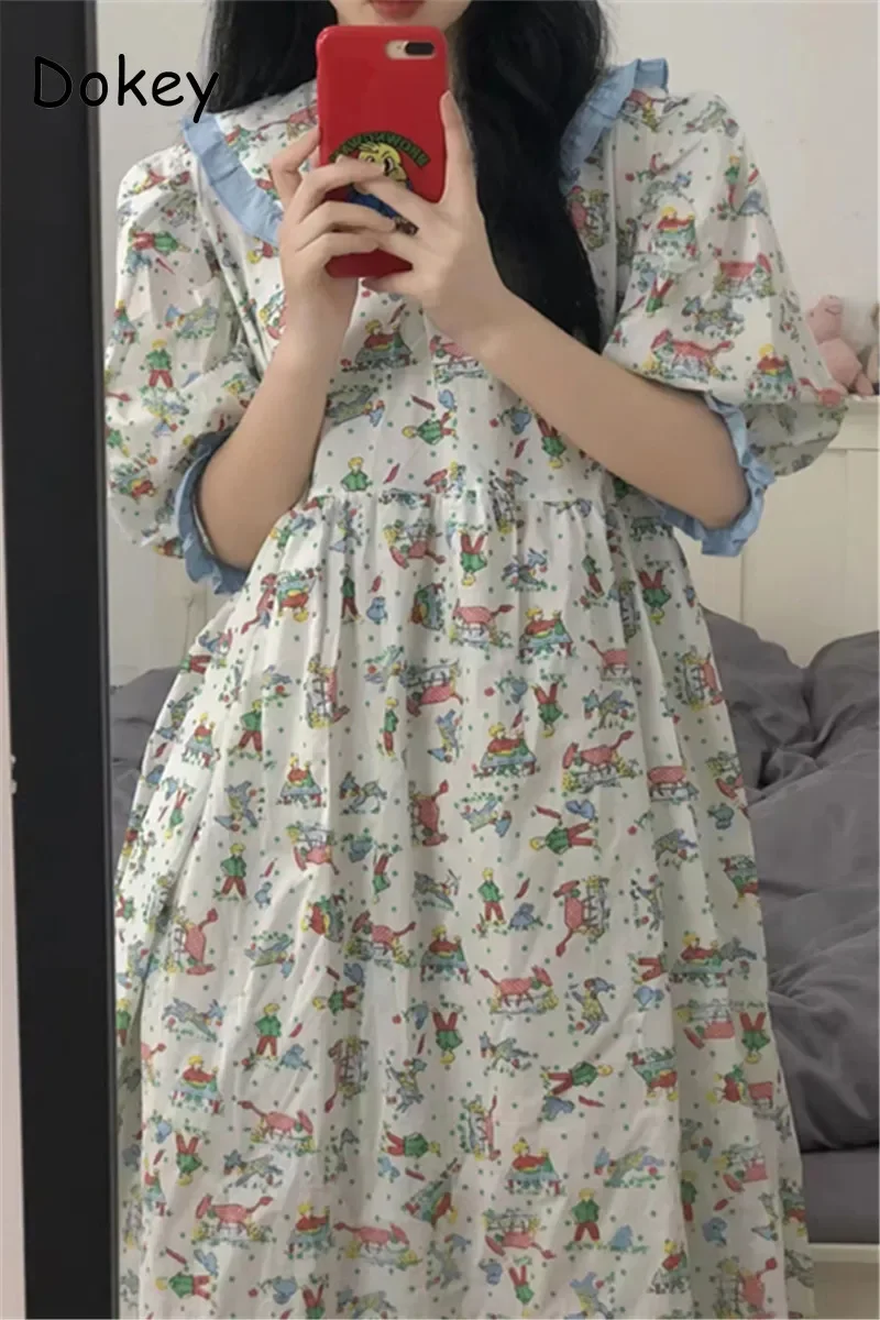 Vinateg Cartoon Print Kawaii Loose Dresses Women Summer Ruffles Peter Pan Collar Lolita Midi Dress Japanese Puff Sleeve Vestidos