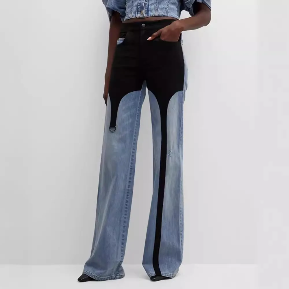

Casual High Waisted Straight Leg Women's Long Length Jeans in Spring Niche Color Blocked Loose Washed Design
