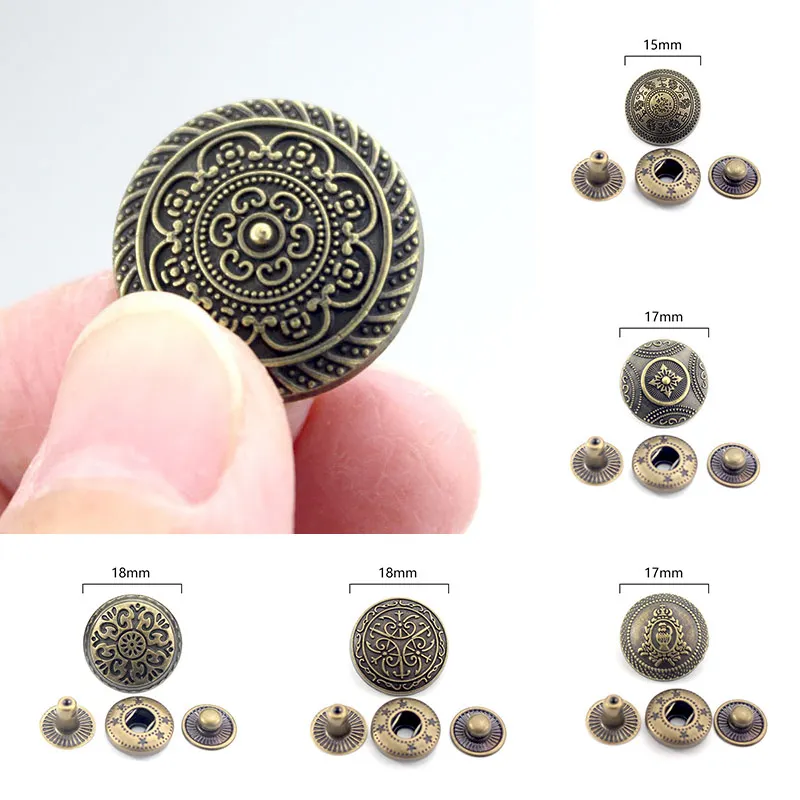 10Sets Vintage Press Studs Metal Copper Buttons For Garment Overcoat Leather Craft Snap Button Fasteners DIY Sewing Accessories