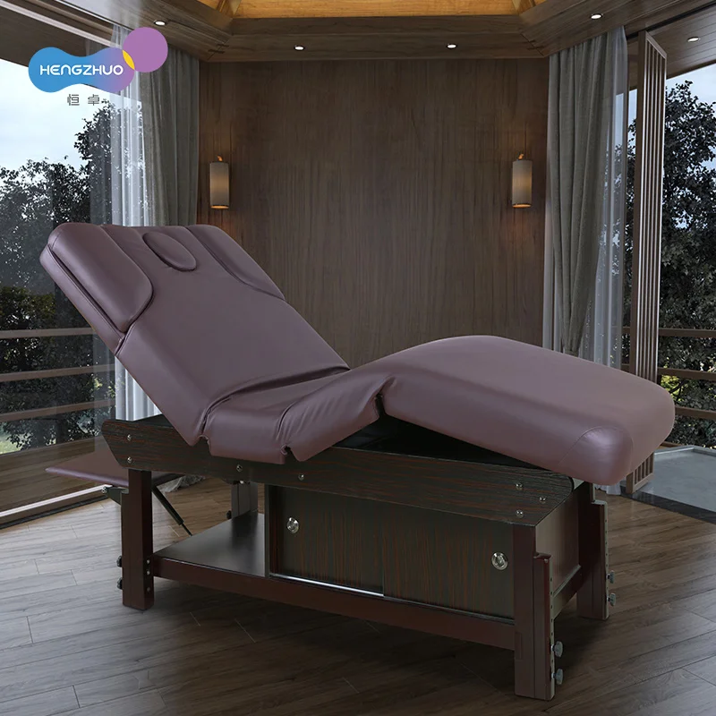 Luxury Thai Massage Table with Wooden Storage Cabinet Cama De Massagem Adjustable Brown SPA Bed with Magnetic Armrest
