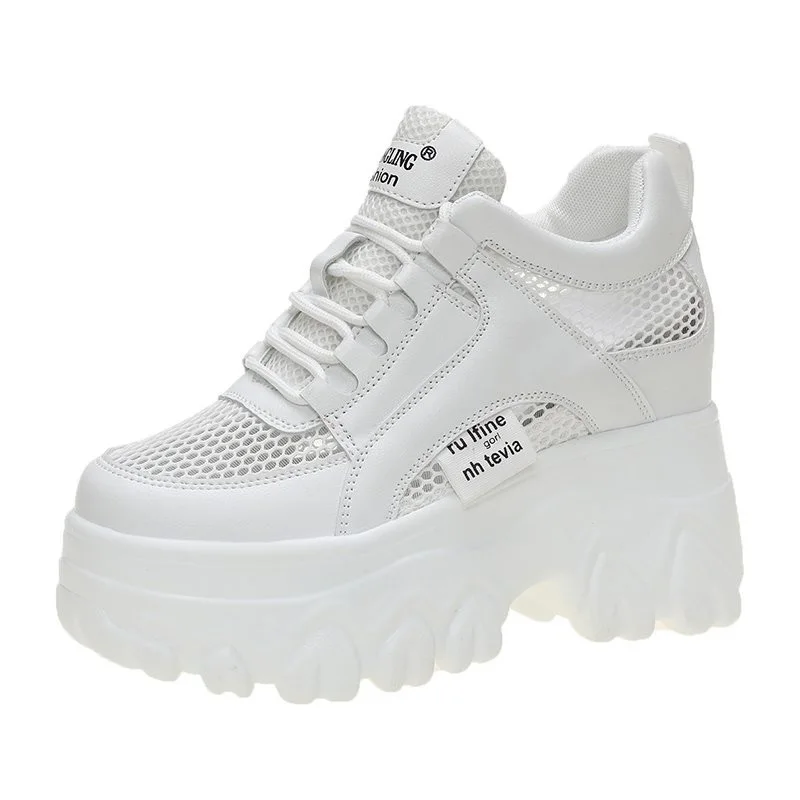 Breathable Mesh Chunky White Sneakers Women Summer 2024 Hollow Out Mesh Platform Sandals Woman Height Increased Casual Shoe 10CM