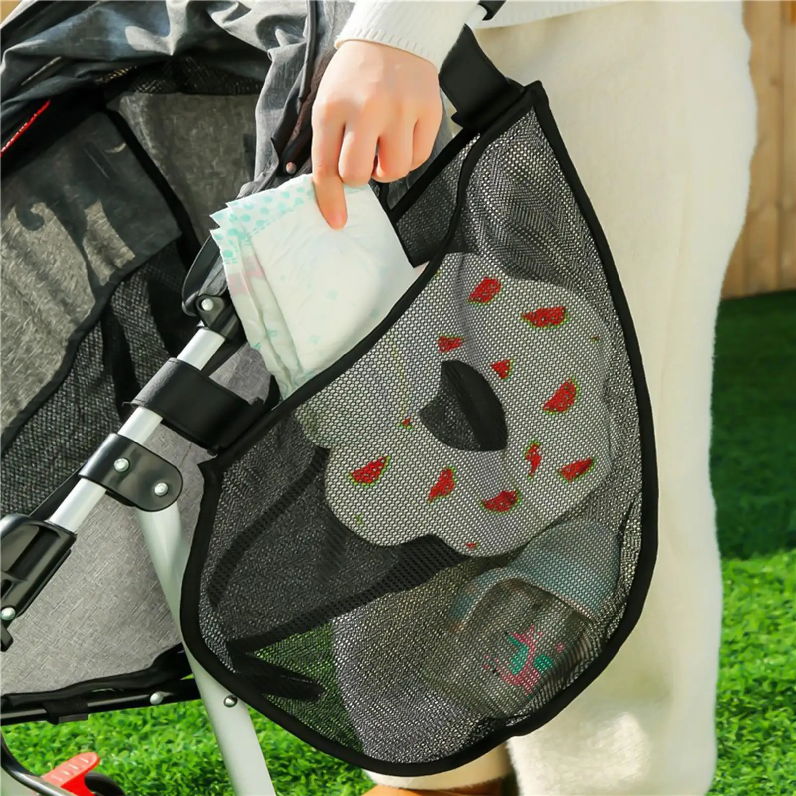 Baby Stroller Side Mesh Bag Large Capacity Toddler Toy Diaper Feeding Bottle Storage Bag Baby Stroller Hanging Black Mesh Bags