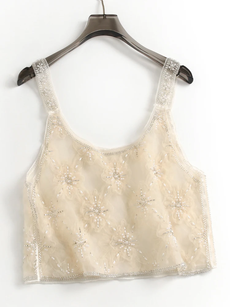 Delicate Beaded Lace Sleeveless Vest Women\'s Summer Outerwear Pure Desire Mesh Top Short Style Polyester Fiber S791