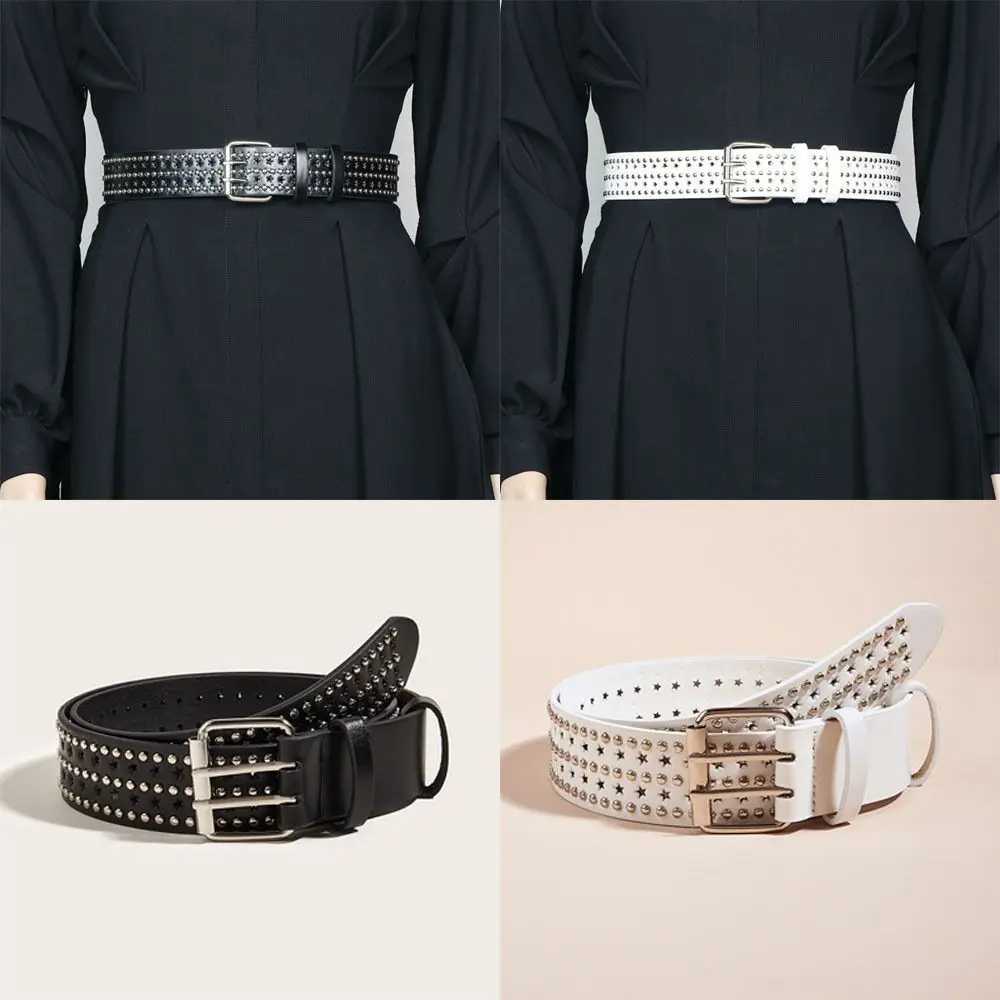 

Y2k Punk Rivet Belts Versatile Hollow Star Design Gothic Leather Belt Adjustable Double Pin Buckle Waistband Unisex