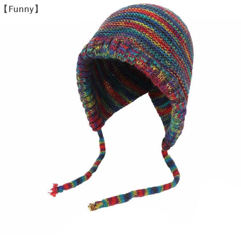 〔Funny〕New Rainbow Striped Knitting Beanie Hat Women Girl Winter Warm Crochet Ear Protection Cap