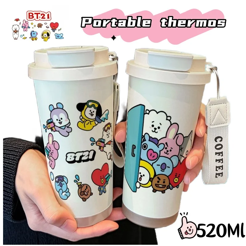 

Термос BT21 Koya Mang Chimmy Tata Cooky, высококачественный, простой в использовании, из нержавеющей стали 316, большой емкости, с соломинкой, портативный, для автомобиля, для кофе.