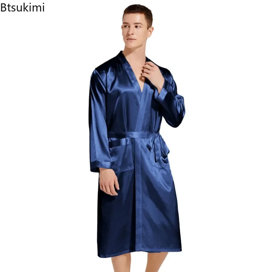 New 2025 Men\'s Long Robes Faux Silk Soft Home Bathrobe Plus Size Nightgown for Men Solid Loose Homewear Men Satin Pajamas Dress