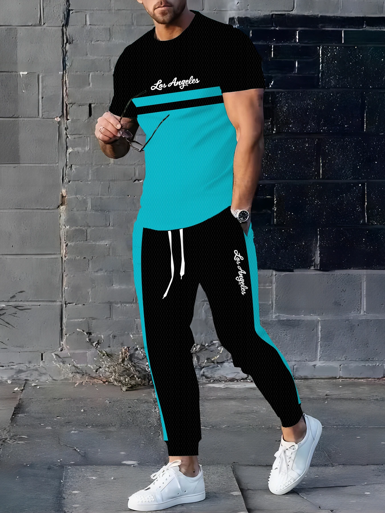 

Gradient Blue Double-piece Printed Loose Casual Autumn Thin 2pcs Set, Daily Street Fashion Casual Men's Top And Trousers