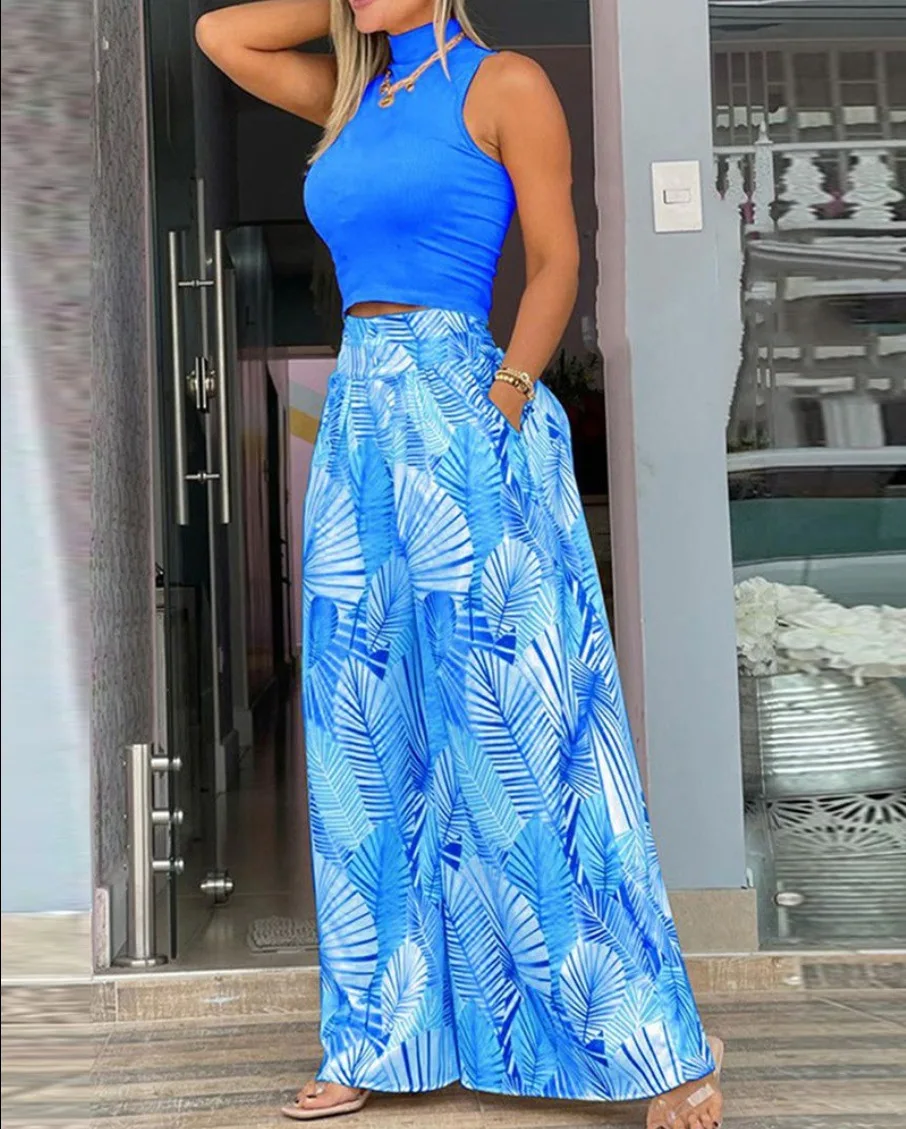 Elegant Round Neck Neck Floral Print Two Piece Set Summer Women Casual Commuting Wide-leg Trouser Suit Loose Office Lady Outfit