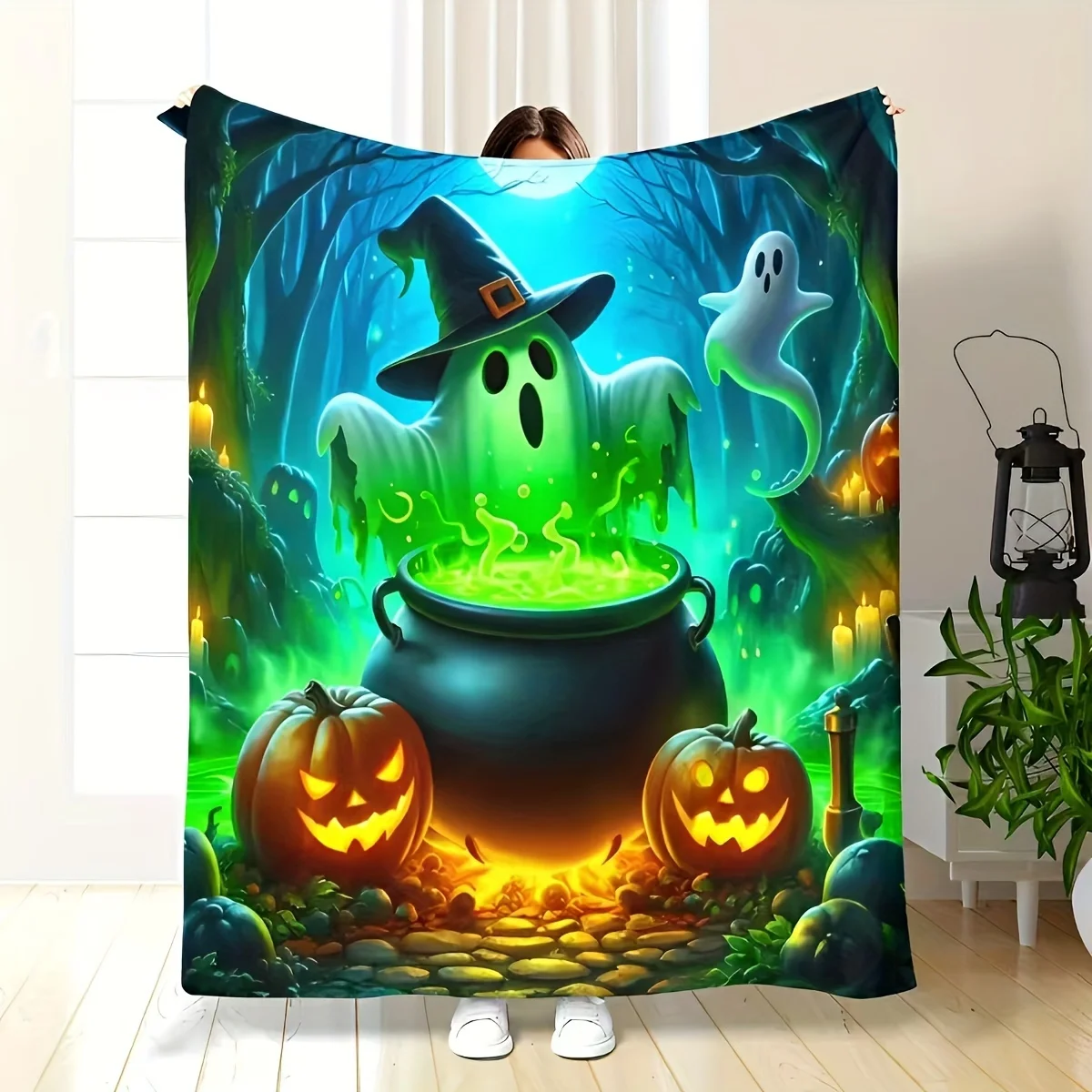 

Contemporary Halloween Ghost and Pumpkin Print Throw Blanket - Soft Skin-Friendly Leisure Sofa Blanket for Bedroom, Office