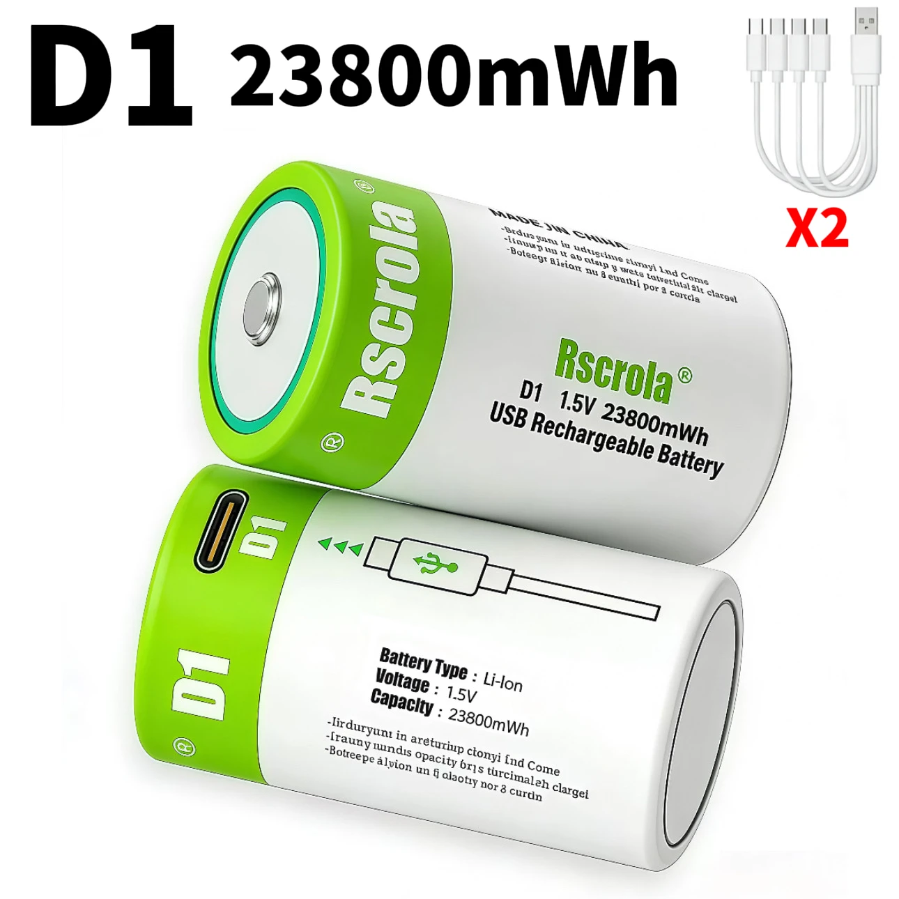 23800mWh High Capacity LR20 D1 Rechargeable Battery - 1.5V Lithium Polymer (Li-Po) - Fast Charging via USB-C Cable