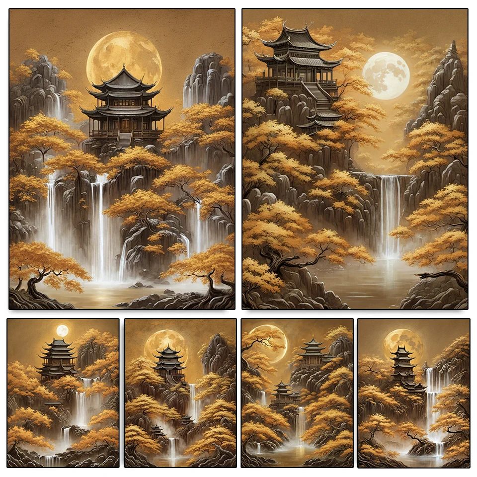 5DDIY Diamond Painting Golden Waterfall Pavilion Landscape Full Round Square Diamond Embroidery Picture Mosaic Home Decoration