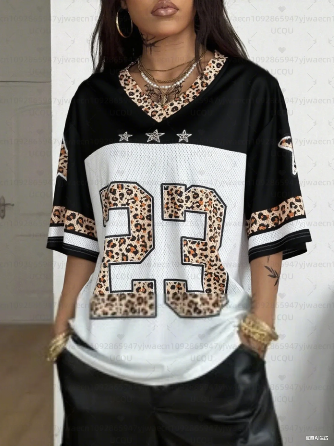 

Women's V-Neck Sporty Jersey Y2K T-Shirt Leopard NO. 23 Summer Casual Wear Sports Dropped Shoulder Mesh T-shirt Tops