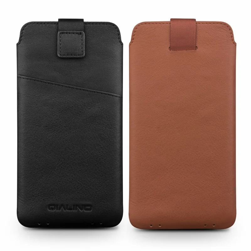 

New Genuine Leather Pull Sleeve Pouch Bags Cover Natural Cowhide Phone Case For iPhone 11 Pro Max 5.8 6.5 Qialino Brand