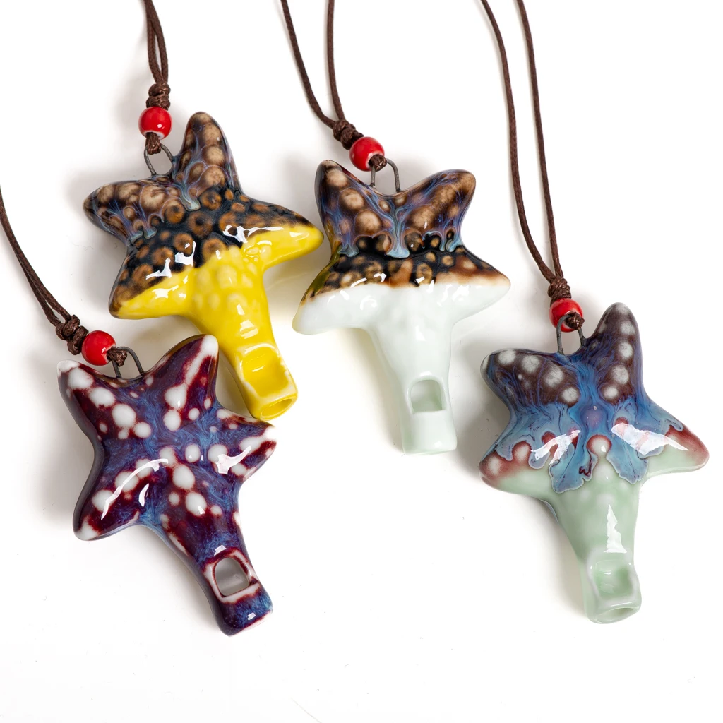 Handcrafted Ceramic Starfish Whistle Pendant Necklace Adjustable Wax Cord Colorful Bohemian Ethnic Style Jewelry