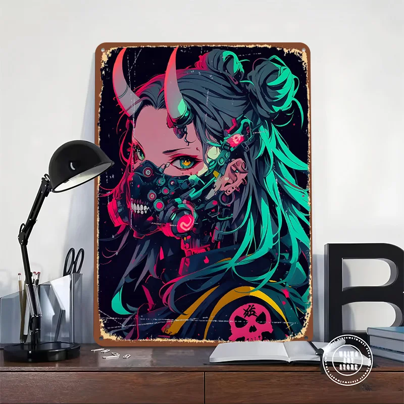 Cyberpunk Anime Girl Poster Customized Vintage Metal Signs Wall Art Retro Tin Plaque for Home Decorations Room Decoration Gaming