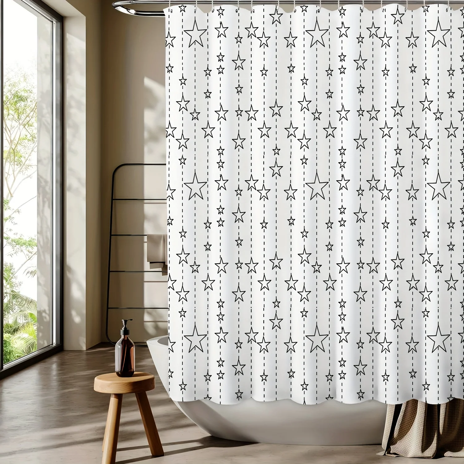 1pc Stylish Five-pointed Star Pattern Digital Print Shower Curtain, Bathroom Decoration Home Decor, with Hooks, Machine Washable
