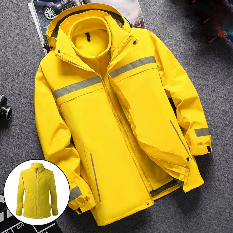 Safety Reflective Jacket Waterproof Hooded Jacket with Removable Fleece Linner Men Construction Work Jacket Hi Vis Winter Jacket