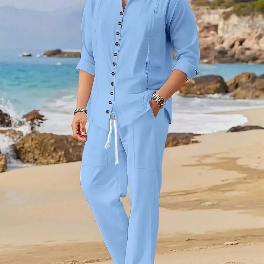 Mens Linen Cuban Style Casual Long Sleeve Shirt And Pants Set Solid Color Stand Collar Two Piece Outfit