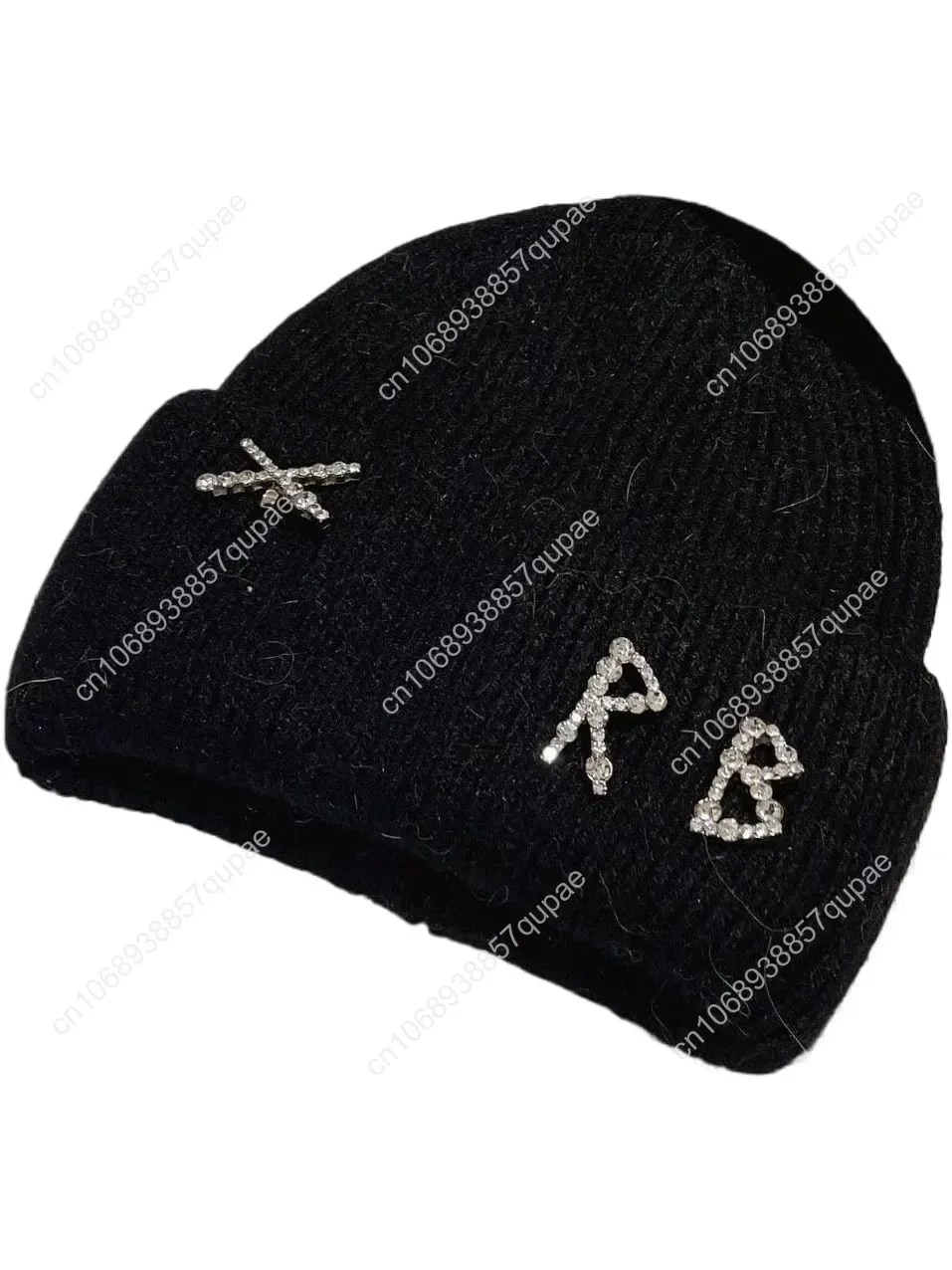 

Real Rabbit Fur Diamonds Letter Beanies Hats for Women Winter Warm Knitted Hat Casual Bonnet Skiing Cap