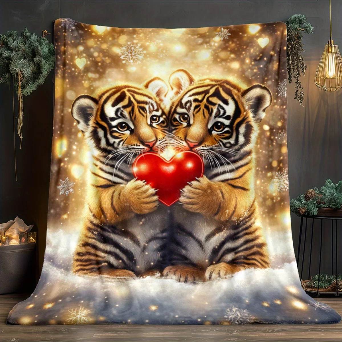 1pc Cute Tiger Cubs Holding Heart Fleece Blanket Flannel Throw Soft Cozy Bed Cover Animal Love Theme Gift for Kids or Couple