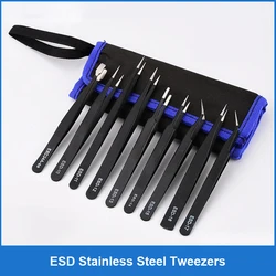 9-10pcs/Set Anti-static ESD Stainless Steel Tweezers Maintenance Tools Industrial Precision Curved Straight Tweezers Repair Tool