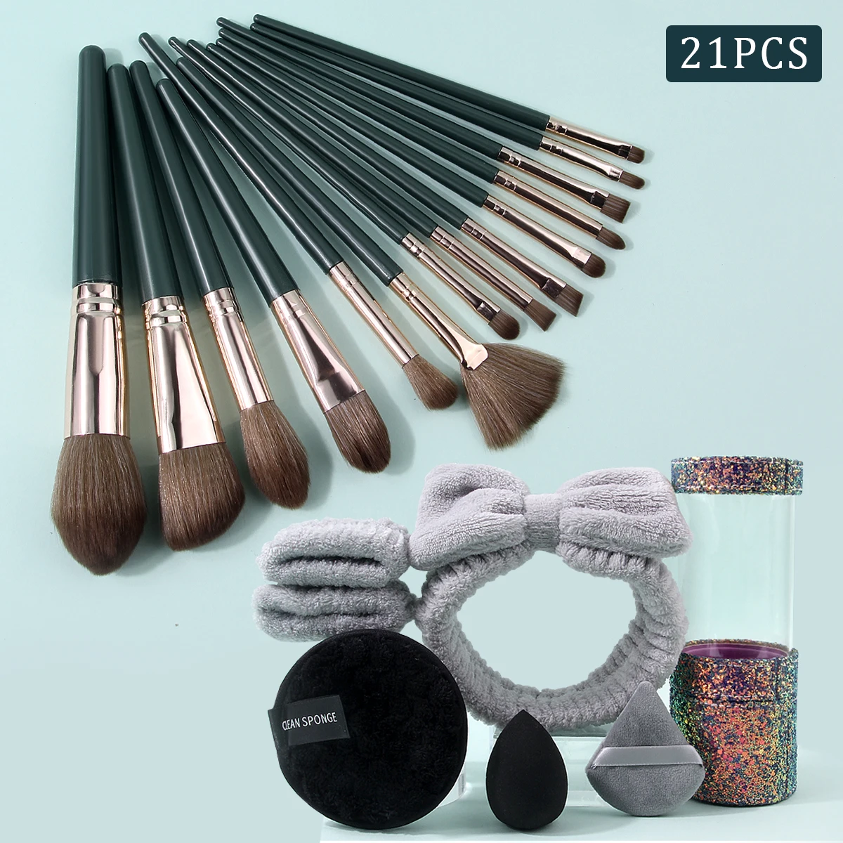 مجموعة فرش مكياج متعددة الأغراض مكونة من 21 قطعة وسوار معصم رباط شعر وإسفنجة بودرة مثلثة/دائرية على شكل بيضة ودلو تخزين