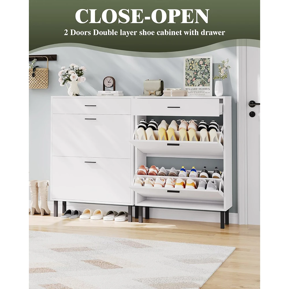 Shoe Storage Cabinet with Dual Flip Drawers, Space-Saving Shoe Organizer for Entryway, Hallway, or Mudroom, Hidden Shoe Rack Cup