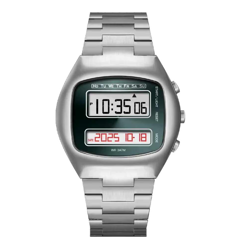 TV Design Retro 1970s Electronic Digital Watch LCD Display Stainless Steel Case Classic Curved Design For Couple Lovers